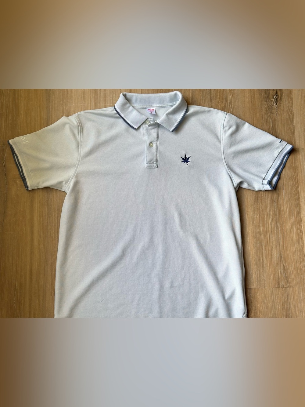 Boast 1983 Tipped Pique Polo Shirt Men L White Blue Japanese Maple Leaf Logo L